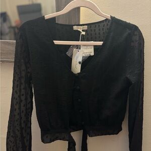 Black Blouse - Tie Front and Long Sleeves
